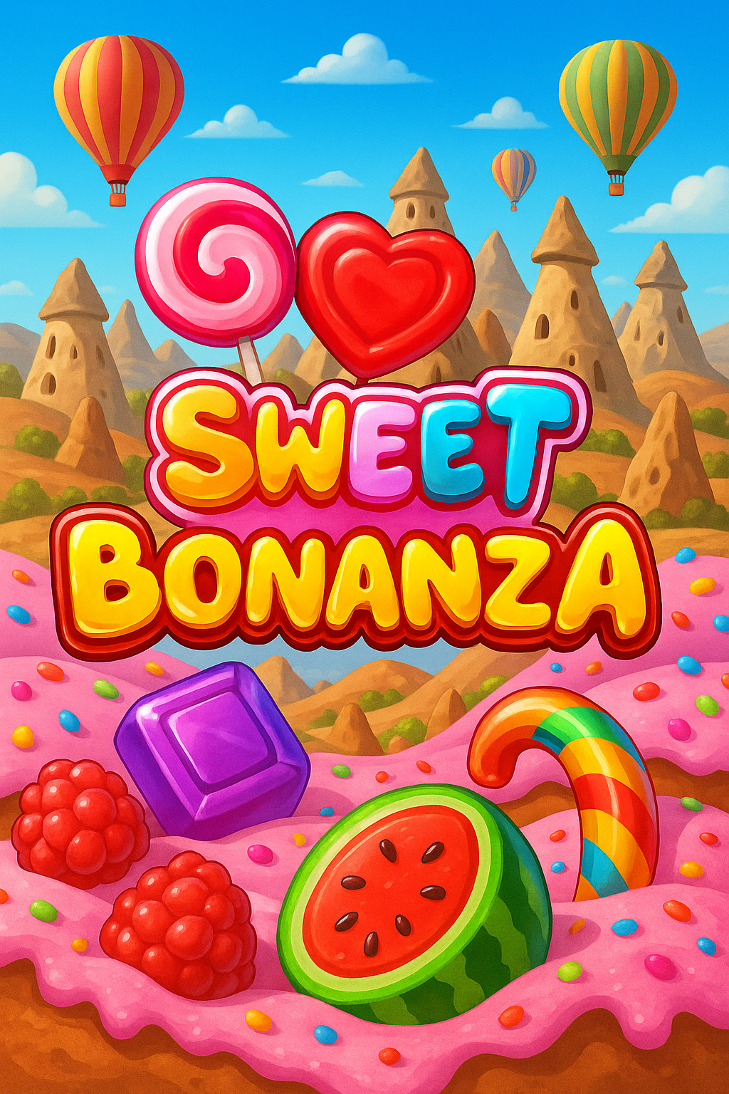 Sweet Bonanza Spielbildschirm mit Bonussymbolen und Multiplikatoren