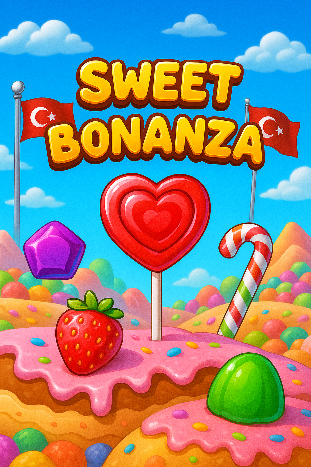 Screenshot des Sweet Bonanza Spielautomaten mit bunten Bonbon-Symbolen und Gewinnclustern